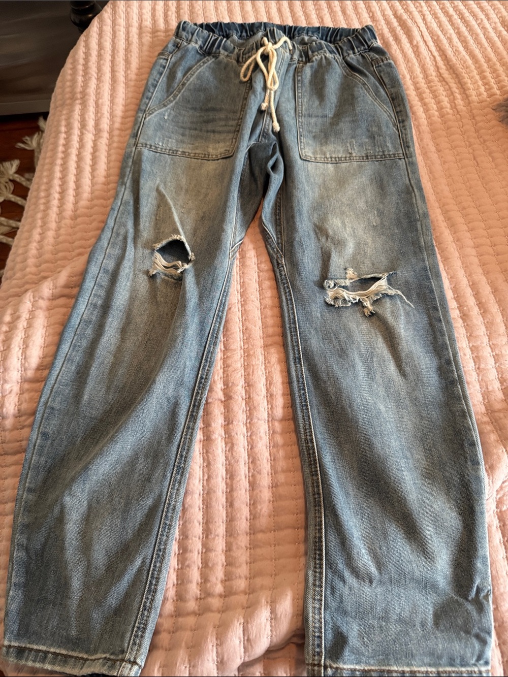 Mustard Seed Light Blue Distressed Relaxed Drawstring Jeans